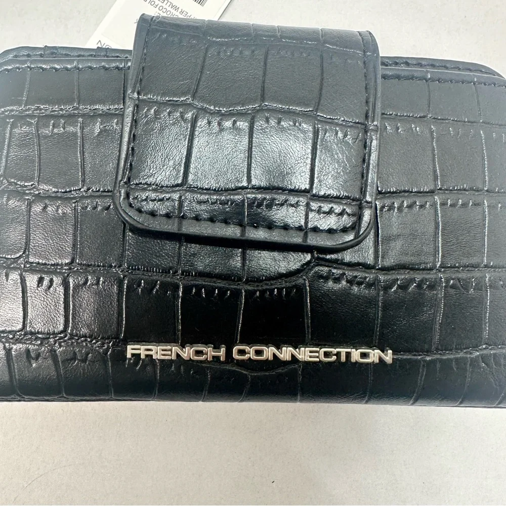 French Connection‎ Emmy Croco Fold Snap Zipper Wallet in Black NWT $48 New
